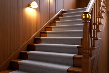 Staircase carpet wood handrail bannister lamp light interior warm hallway with soft floor covering on steps, polished wood panel wall, golden detail on post, cozy home corridor lighting
