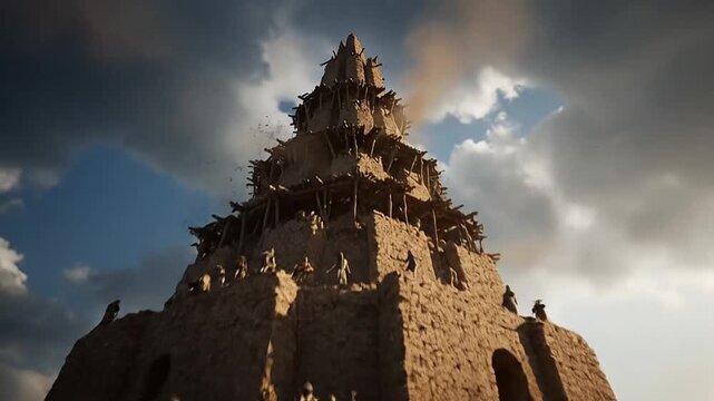 Tower of Babel in ancient architectural style under dramatic sky representing biblical story concept