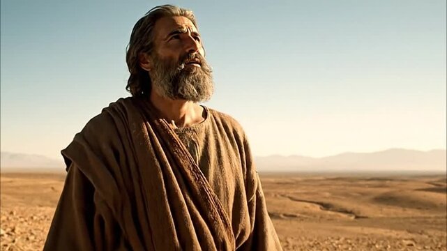 Calling of Abraham with faithful mood in biblical story desert pathway background