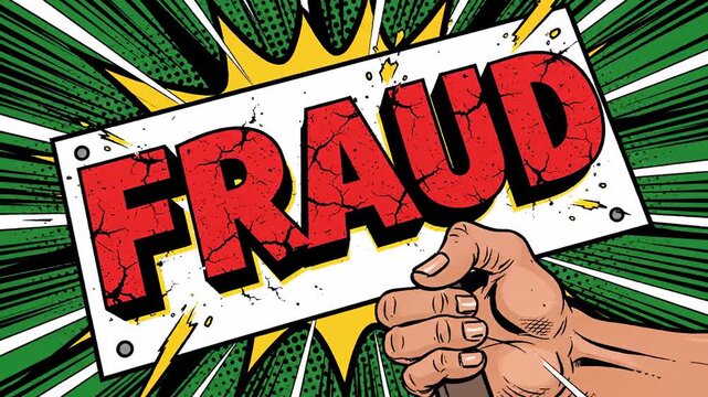 Hand holding a sign with the word FRAUD in bold red letters, symbolizing deception and illegal activities.