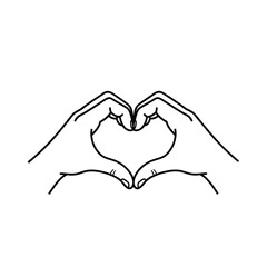 Fototapeta premium Simple black line art illustration of two hands forming a classic heart shape symbol