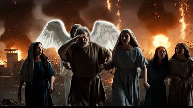 Righteous Lot with family hopeful leaving doomed city led by angels at sunrise biblical story concept