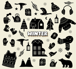 Winter silhouette element clipart hand drawn linocut