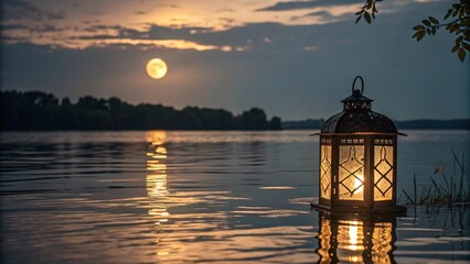 Glowing lantern on serene lake at dusk with full moon