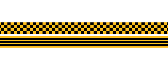 Set of taxi car marking stripes or caution tapes isolated on white background. Black and yellow checkered and striped textures. Forbidden, safety, danger or warning ribbons. Vector flat illustration © Nur