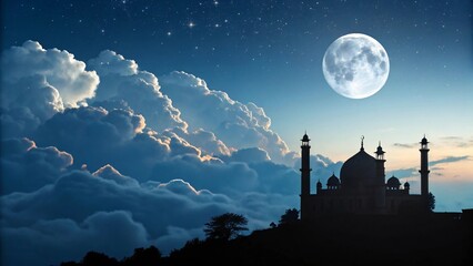 Moonlit mosque silhouette at night with stars