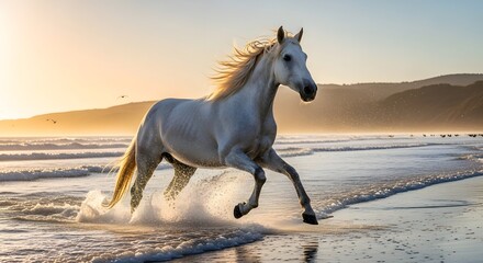 Majestic white horse gallops energetically through shallow ocean waves during a brilliant golden sunrise moment