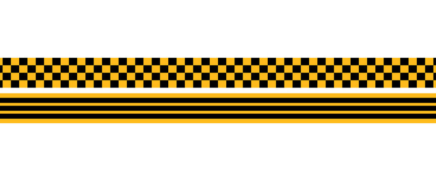 Set of taxi car marking stripes or caution tapes isolated on white background. Black and yellow checkered and striped textures. Forbidden, safety, danger or warning ribbons. Vector flat illustration