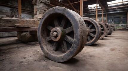 A line of weathered dusty industrial cart wheels resting on the floor of an old abandoned warehouse