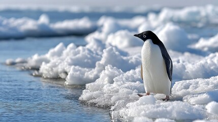 Obraz premium Adelie Penguin Standing Near Water and Ice Chunks, Adapted to Cold Environment and Ocean Life