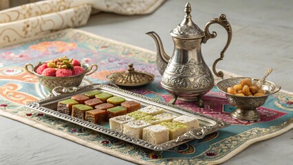 Traditional Middle Eastern sweets and tea setup