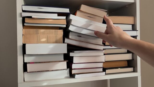 Hand Choosing Book on Bookshelf Library Selection Concept