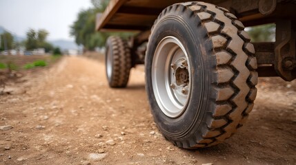 Obraz premium Close up of a rugged vehicle tire on a dusty dirt road in a rural setting