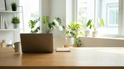 Modern office design with copy space and blurred background concept. Modern workspace with laptop, notebook, and indoor plants.