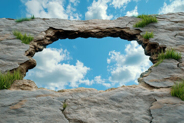 Rock stone sky cloud opening hole wall grass nature landscape frame bright blue sky with fluffy cloud through rugged rock formation symbolizing hope freedom outdoor escape concept
