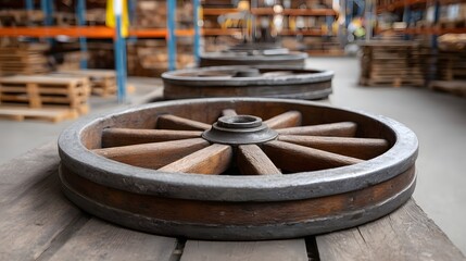 Naklejka premium A line of old rustic wooden cart wheels with dark metal rims are arranged in a warehouse setting showcasing vintage transport equipment