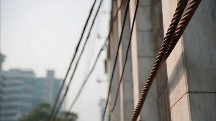 Obraz premium Close up of thick power cables hanging near a modern building facade in an urban environment