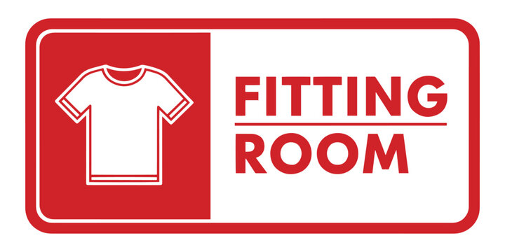 Red and white fitting room sign with a tshirt icon on a white background