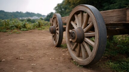 Fototapeta premium Rustic wooden cart wheels with worn rubber rims rest on a dirt path in a rural landscape