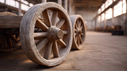 Obraz premium Two weathered wooden cart wheels rest on a dusty factory floor