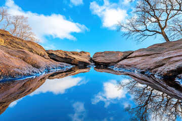 Rock water reflection sky cloud tree nature landscape blue tranquil scene with still water reflecting sky and cloud between rock and bare tree in peaceful outdoor nature