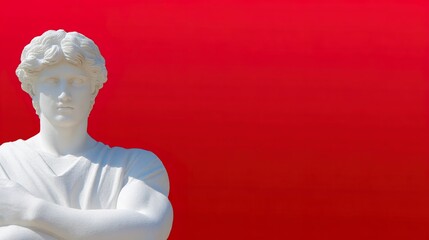 Statue of Apollo on a red background with space for text.