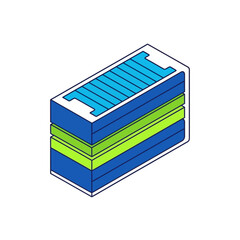 Isometric Vector Illustration of a Stacked Battery or Energy Storage Unit with Blue and Green Layers, Clean Design