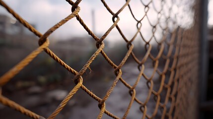 A close up of a rusty weathered chain link fence in an outdoor setting with a blurred industrial background