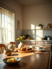 Fototapeta premium A pastel dawn graces the kitchen table, low angle view Morning meal shared in soft light, serene breakfast, bonding
