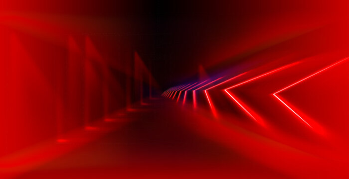 Abstract red neon arrow light glow background. Futuristic cyber laser line motion banner for casino. Dynamic techno perspective beam 3d graphic design. Cool party power
