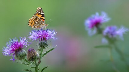 Obraz premium Amber butterfly perched on blue thistles with purple flowers pink petals in green garden, detailed macro view with natural light, sharp focus, high-resolution nature scene for floral wildlife design