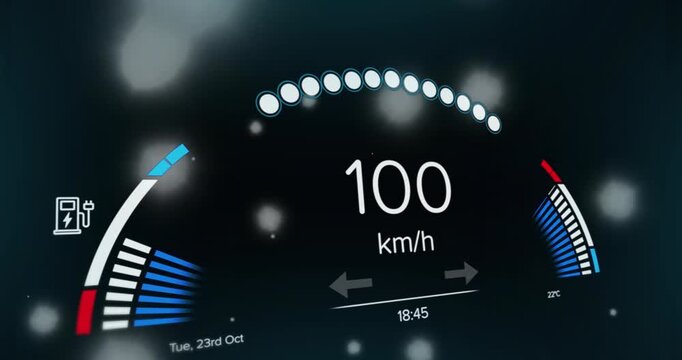 Animation of speedometer and glowing spots of light floating against black background