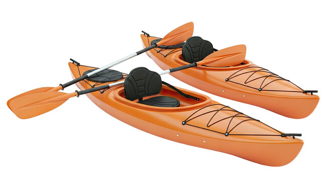 Two Orange Kayaks with Paddles on White Background