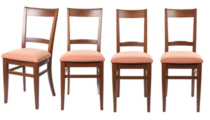 Four wooden chairs, arranged in a row, with peach-colored cushioned seats and open backs