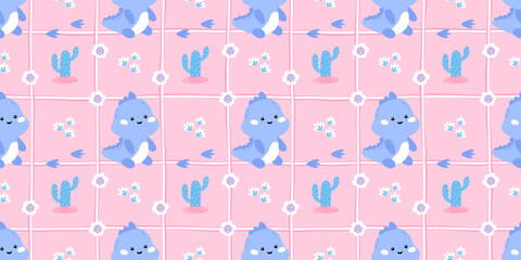 Obraz premium Seamless cute dinosaur pattern with kawaii dinos, cactus, and flowers. Designed for baby clothes, kids wallpaper, and sweet birthday or wrapping prints
