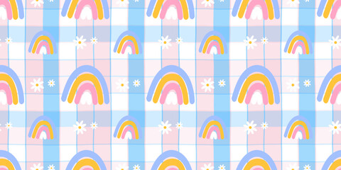 Fototapeta premium Seamless rainbow pattern with heart on pastel blue and pink gingham for kids fabric, nursery decor, wrapping paper, wallpaper and gift packaging