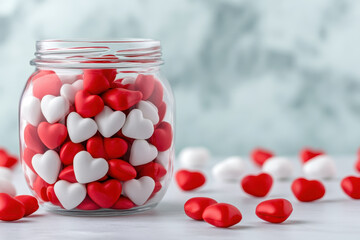 Heart candy jar glass red white love sweet romantic gift with glossy heart shape confection inside glass container, scatter on table background, valentine decor for celebration and surprise