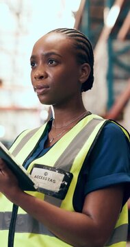 Black woman, counting and tablet for logistics in warehouse for stock check, inventory and supply chain. Person, digital and review for inspection, export report and cargo information on distribution