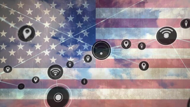 Animation of wifi and gps icons connecting with lines over flag of america and clouds