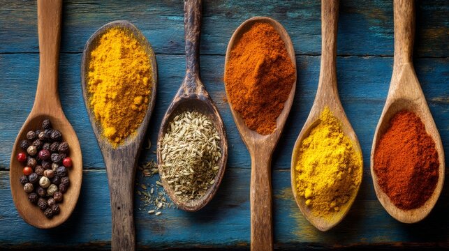 Vibrant Collection of Spices Displayed in Wooden Spoons on a Rustic Blue Background for Culinary Inspiration and Flavor Enhancement