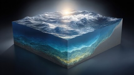 Obraz premium A Detailed Cross-Sectional View of the Ocean's Surface and Deep Underwater Layers Illuminated by Sunlight