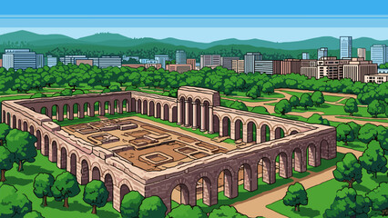 Pixel Art Ancient ruins with modern city in the background in pixel art style