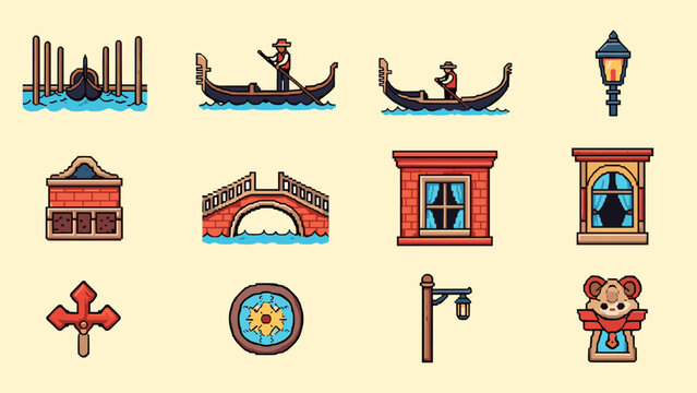 Pixel Art Charming venice icons: gondolas, bridges, windows, and more in retro style