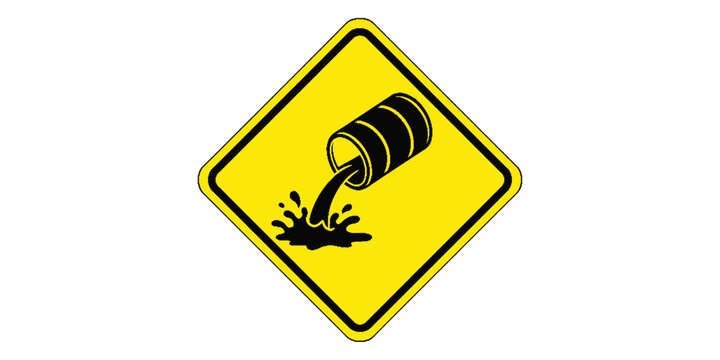 Yellow road sign with oil drum and spill isolated on white background