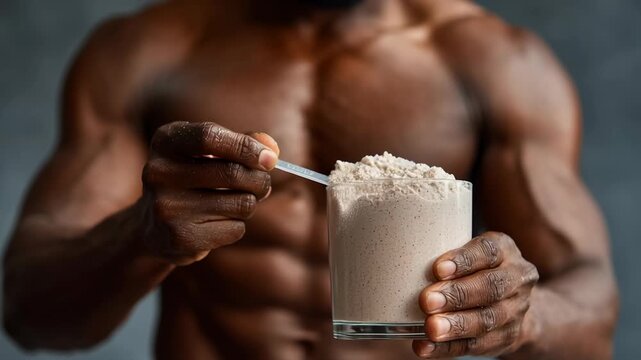 In a close-up shot, a muscular individual prepares to enhance their workout by adding a scoop of creatine into a glass filled with a protein shake