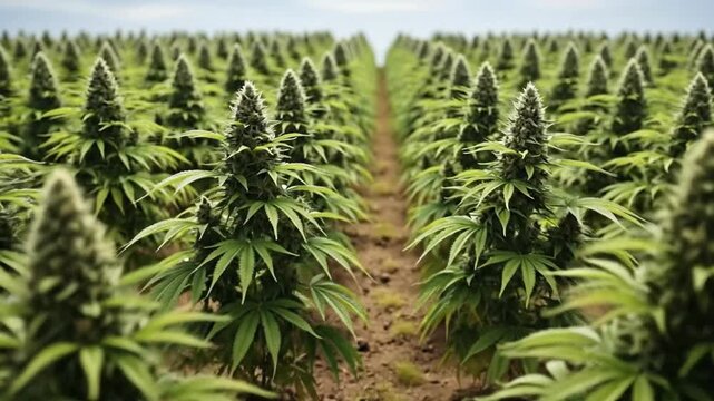 Lush cbis field stretches into the distance under a cloudy sky, showcasing agricultural cultivation.