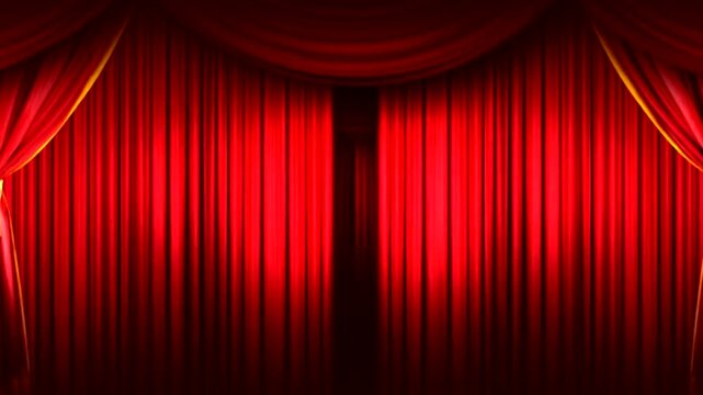 Red theater curtains drawn apart revealing a dark stage.