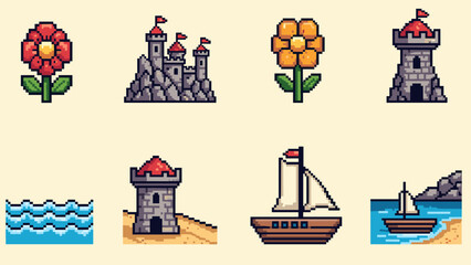 Pixel Art Retro pixel art icons: castles, flowers, and boats for games