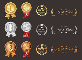 Realistic medal collection. Award golden medals 3d vector realistic illustration. Medal icon set. First place medals or buttons 