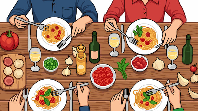 Pixel Art Cozy family dinner with delicious spaghetti and wine in pixel art style